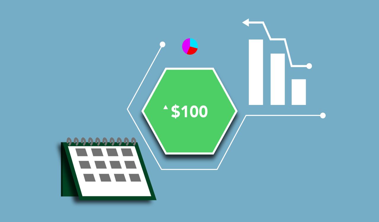 Economic concept depicted in an illustration with statistical graphs and charts surrounding one hundred dollars, showing the currency’s growth over time